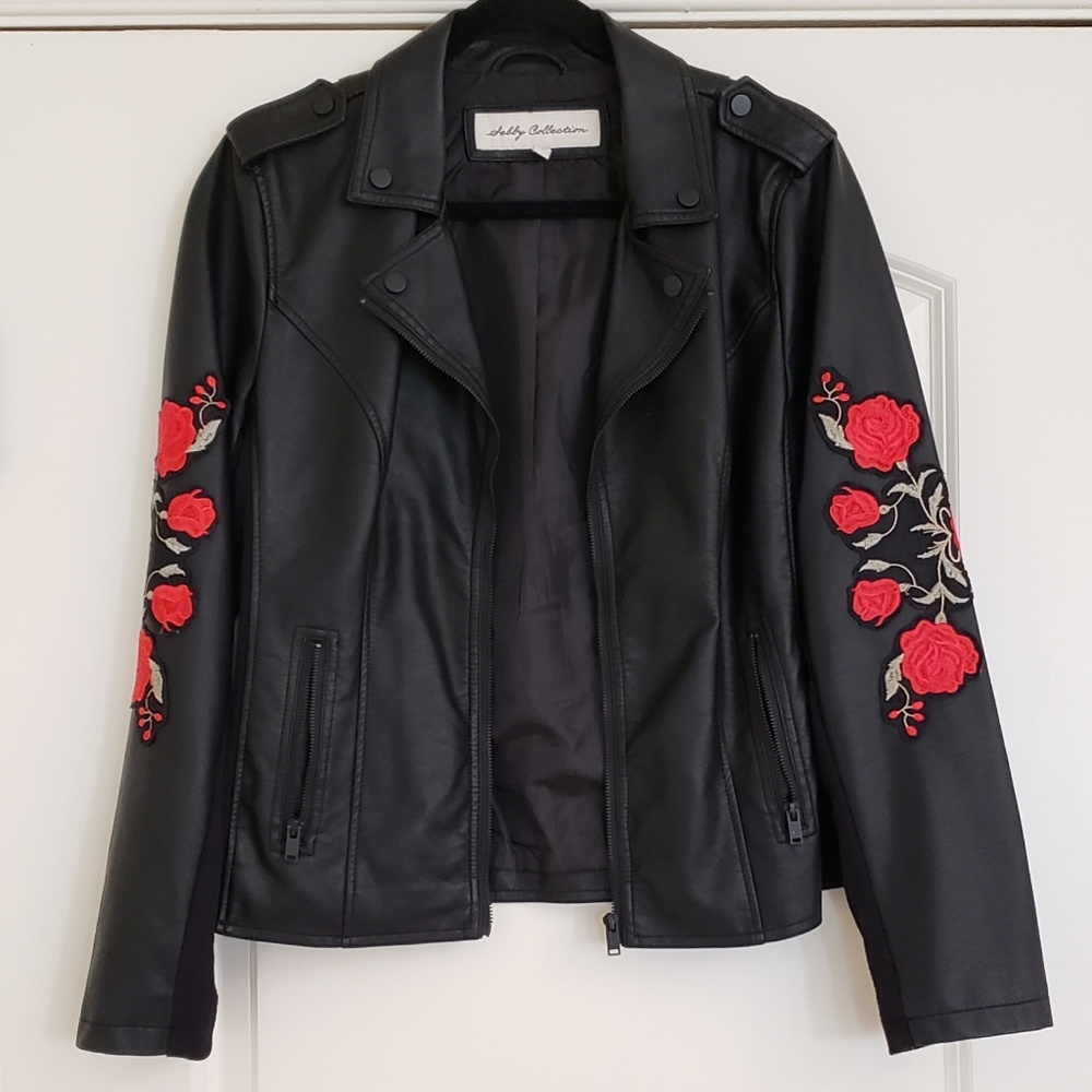 Sebby Faux Leather Floral Applique Jacket